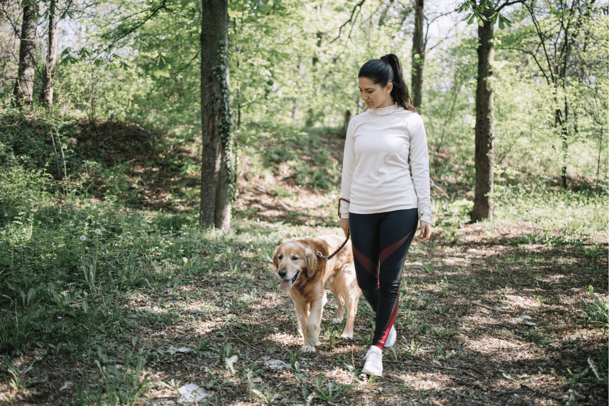 Woman enjoying a walk in the woods with her dog